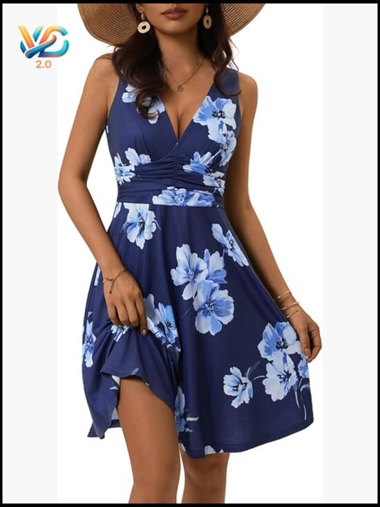 Dresses & Skirts - Sleeveless Deep V Neck Flowy Sundress with Pockets Summer